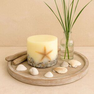 Hand Poured Pillar Candle Coastal Serenity Ocean Themed Starfish Shells Embedded